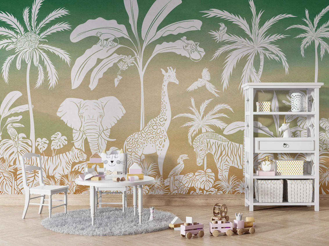 Monochrome Jungle - Green Sky luxury wallpaper in kids room interior — Artehub Egypt