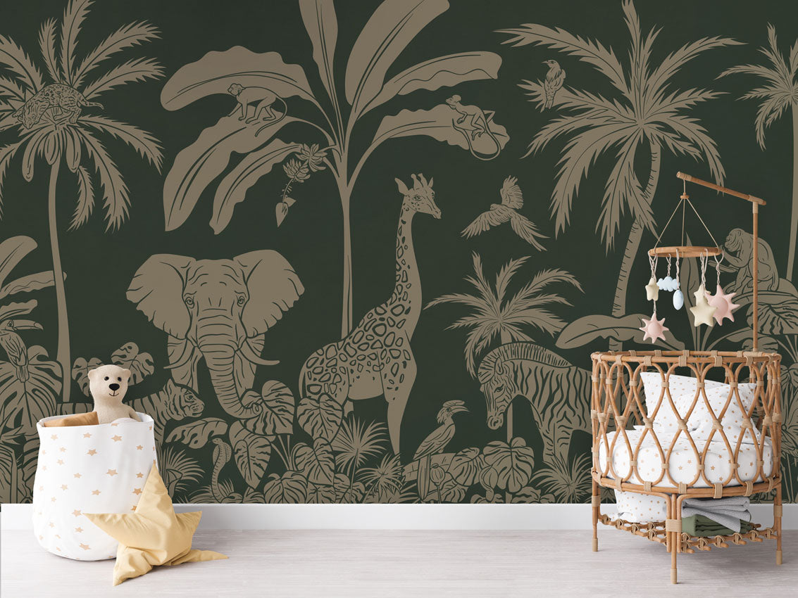 Monochrome Jungle - Green Vintage luxury wallpaper in kids room interior — Artehub Egypt