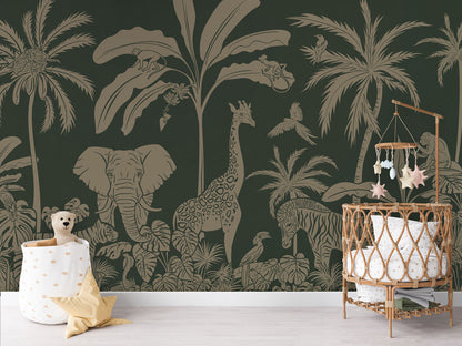 Monochrome Jungle - Green Vintage luxury wallpaper in kids room interior — Artehub Egypt