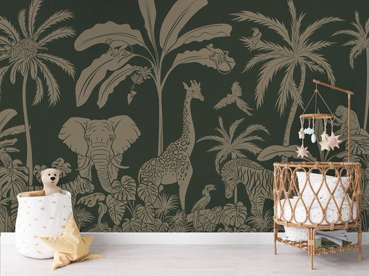 Monochrome Jungle - Green Vintage luxury wallpaper in kids room interior — Artehub Egypt