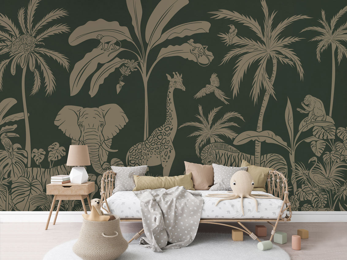 Monochrome Jungle - Green Vintage luxury wallpaper in kids room interior — Artehub Egypt