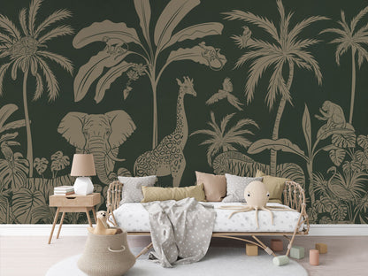 Monochrome Jungle - Green Vintage luxury wallpaper in kids room interior — Artehub Egypt