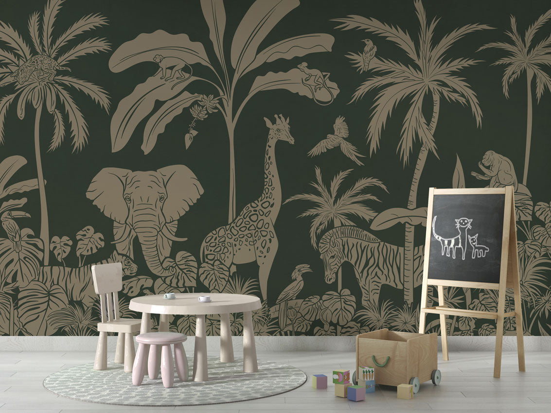 Monochrome Jungle - Green Vintage luxury wallpaper in kids room interior — Artehub Egypt