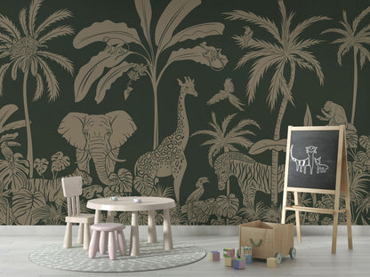 Monochrome Jungle - Green Vintage luxury wallpaper in kids room interior — Artehub Egypt