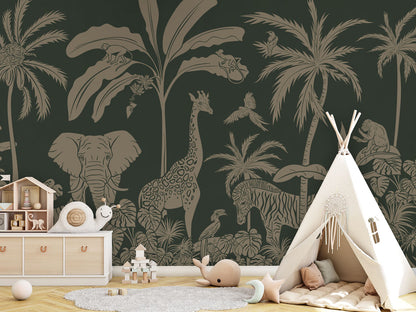 Monochrome Jungle - Green Vintage luxury wallpaper in kids room interior — Artehub Egypt