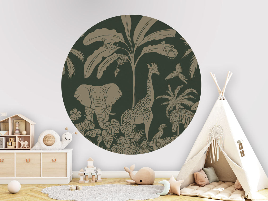 Monochrome Jungle - Circle - Green Vintage wall circle sticker by Artehub