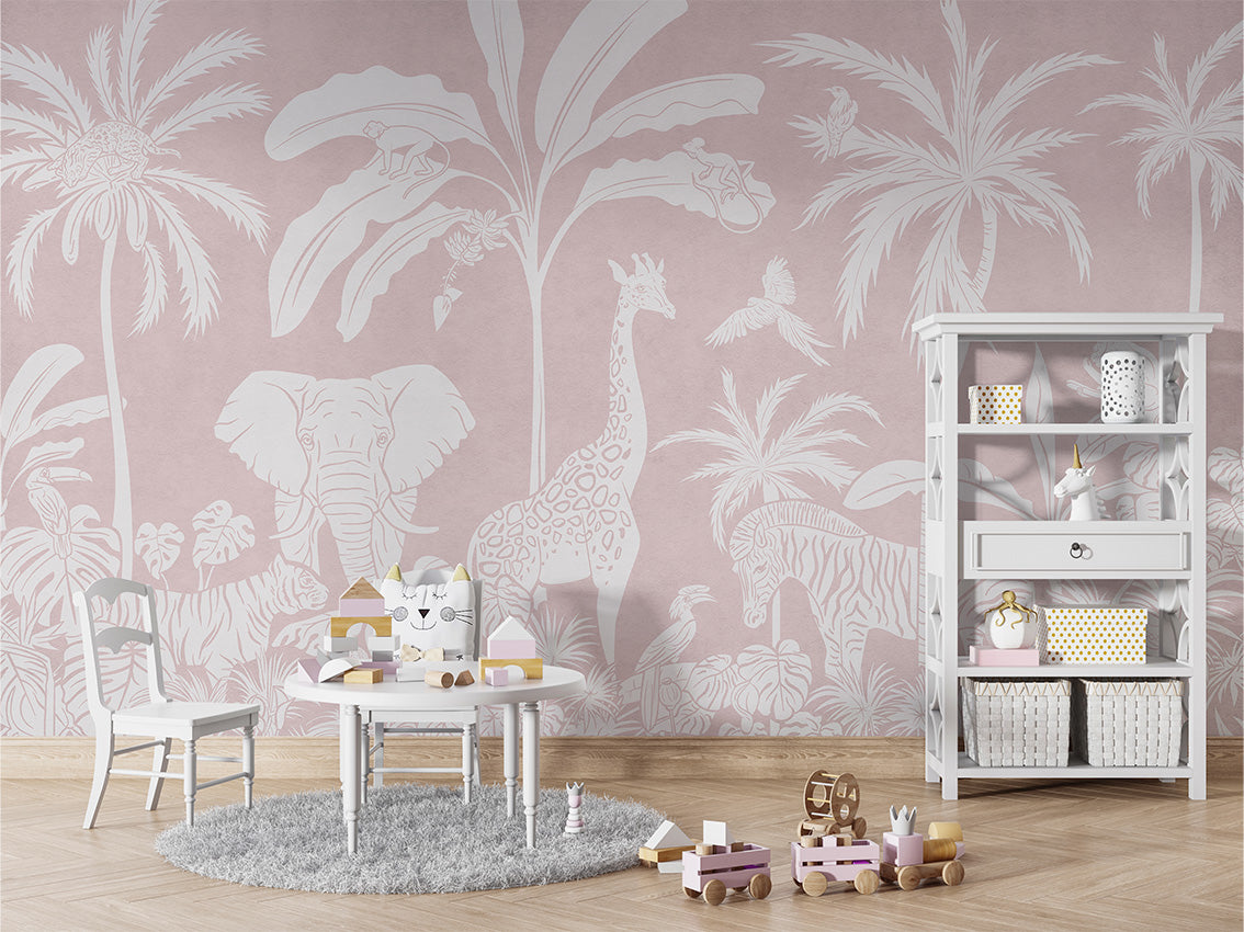 Monochrome Jungle - Pink luxury wallpaper in kids room interior — Artehub Egypt