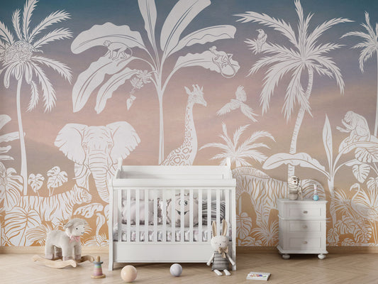 Monochrome Jungle - Pink Sky luxury wallpaper in kids room interior — Artehub Egypt