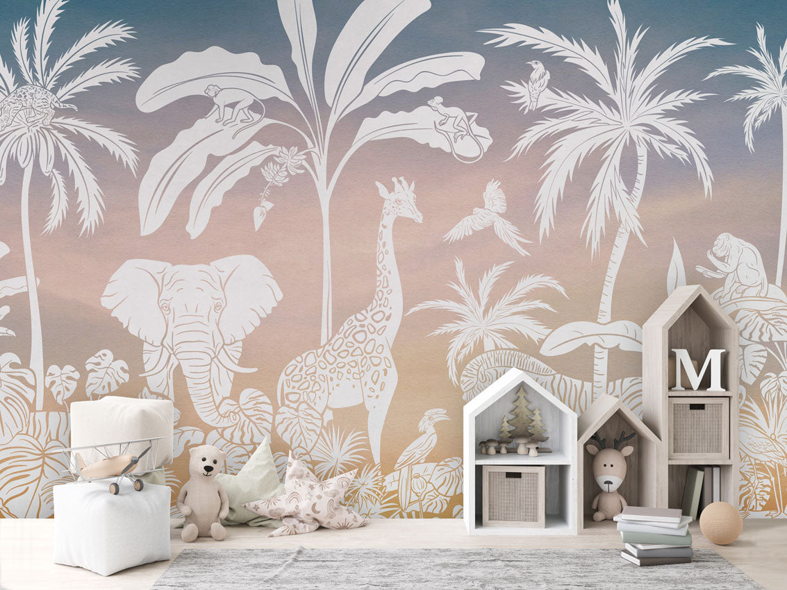 Monochrome Jungle - Pink Sky luxury wallpaper in kids room interior — Artehub Egypt