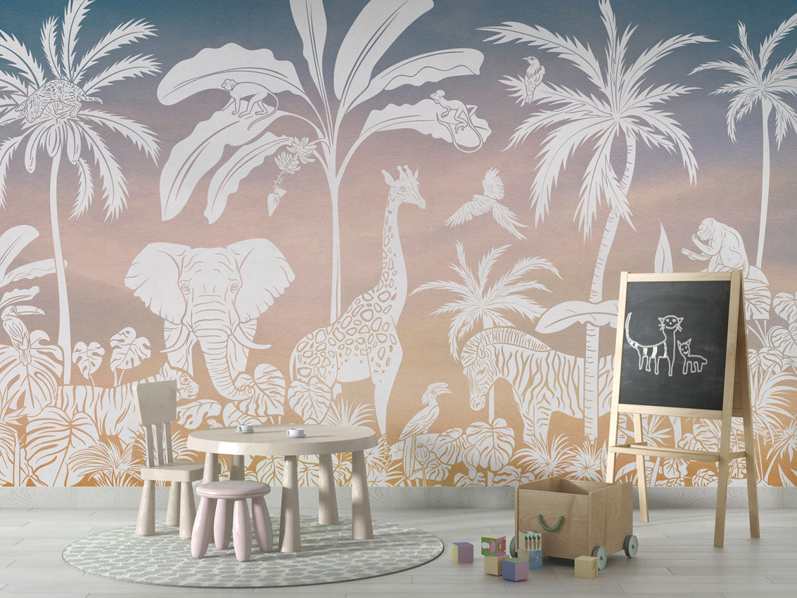 Monochrome Jungle - Pink Sky luxury wallpaper in kids room interior — Artehub Egypt