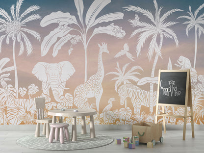 Monochrome Jungle - Pink Sky luxury wallpaper in kids room interior — Artehub Egypt