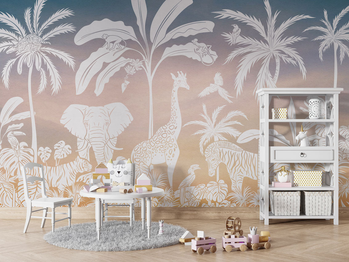 Monochrome Jungle - Pink Sky luxury wallpaper in kids room interior — Artehub Egypt
