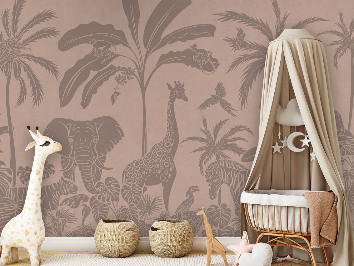 Monochrome Jungle - Pink Vintage luxury wallpaper in kids room interior — Artehub Egypt