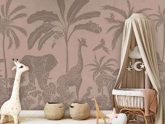 Monochrome Jungle - Pink Vintage luxury wallpaper in kids room interior — Artehub Egypt