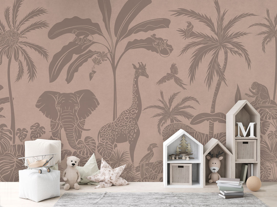 Monochrome Jungle - Pink Vintage luxury wallpaper in kids room interior — Artehub Egypt
