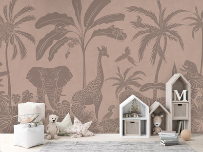 Monochrome Jungle - Pink Vintage luxury wallpaper in kids room interior — Artehub Egypt