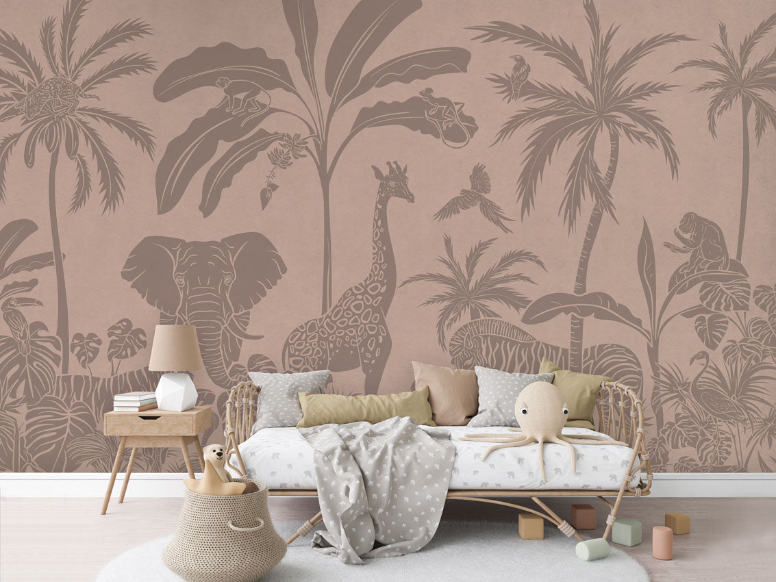 Monochrome Jungle - Pink Vintage luxury wallpaper in kids room interior — Artehub Egypt