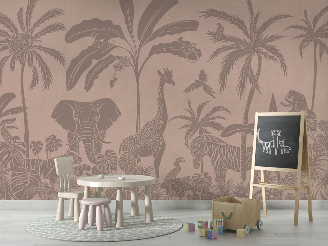 Monochrome Jungle - Pink Vintage luxury wallpaper in kids room interior — Artehub Egypt