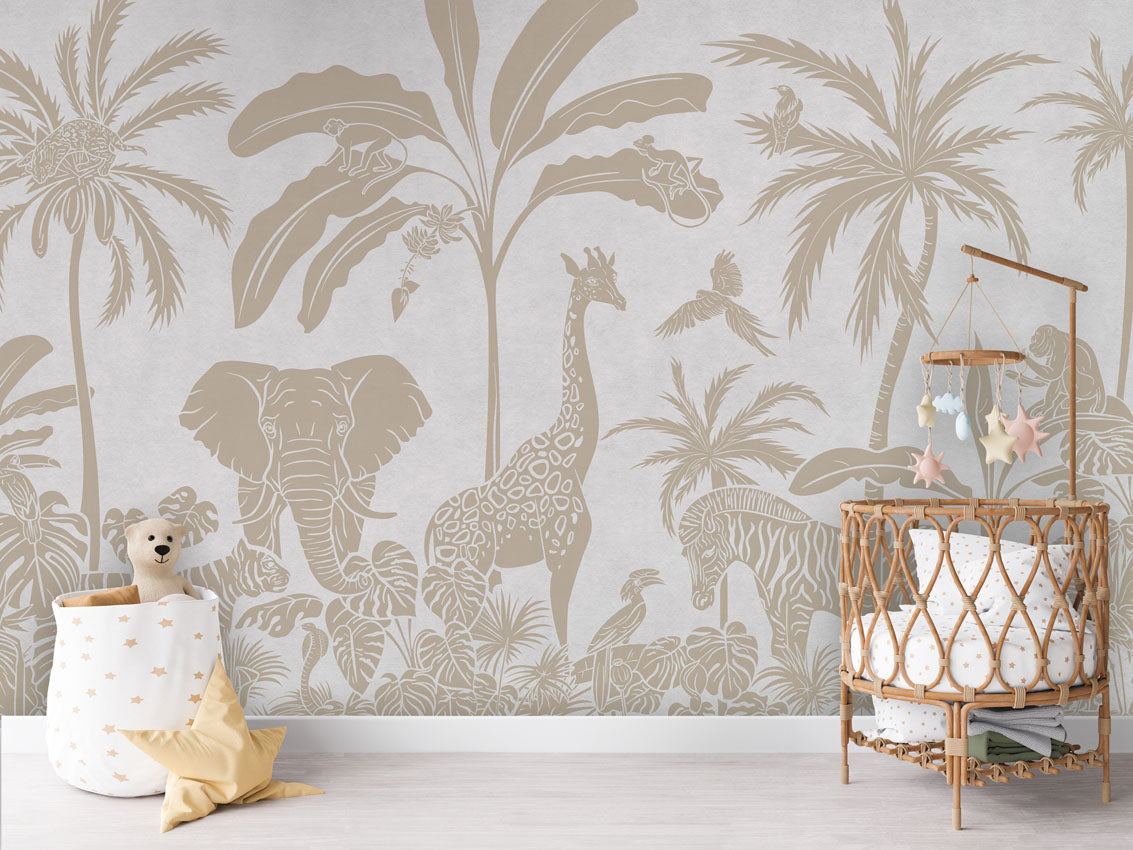 Monochrome Jungle - White Vintage luxury wallpaper in kids room interior — Artehub Egypt