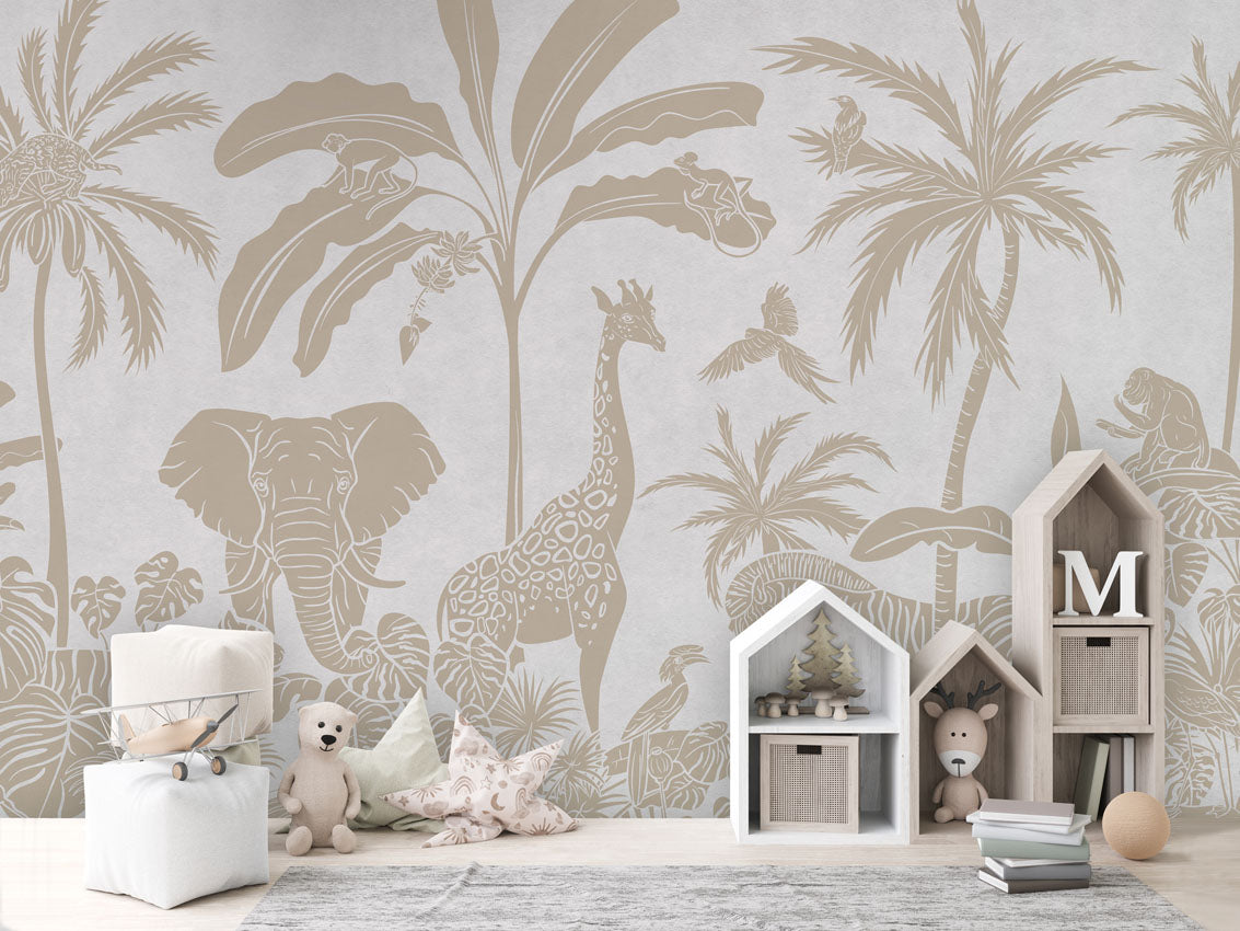 Monochrome Jungle - White Vintage luxury wallpaper in kids room interior — Artehub Egypt