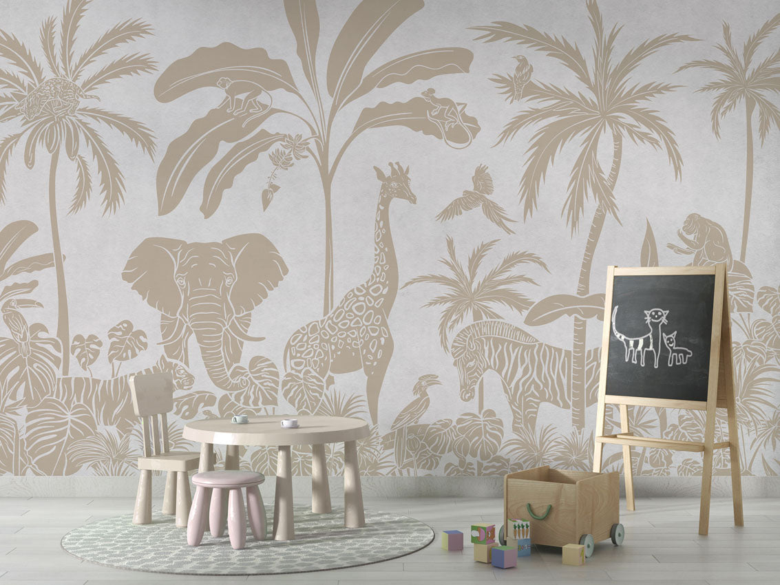 Monochrome Jungle - White Vintage luxury wallpaper in kids room interior — Artehub Egypt