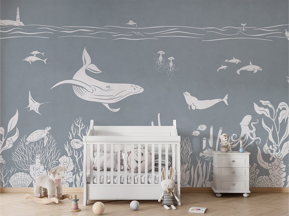 Monochrome Sea - Blue luxury wallpaper in kids room interior — Artehub Egypt