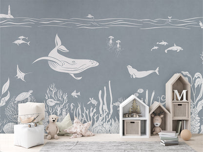 Monochrome Sea - Blue luxury wallpaper in kids room interior — Artehub Egypt