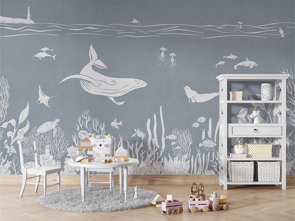 Monochrome Sea - Blue luxury wallpaper in kids room interior — Artehub Egypt