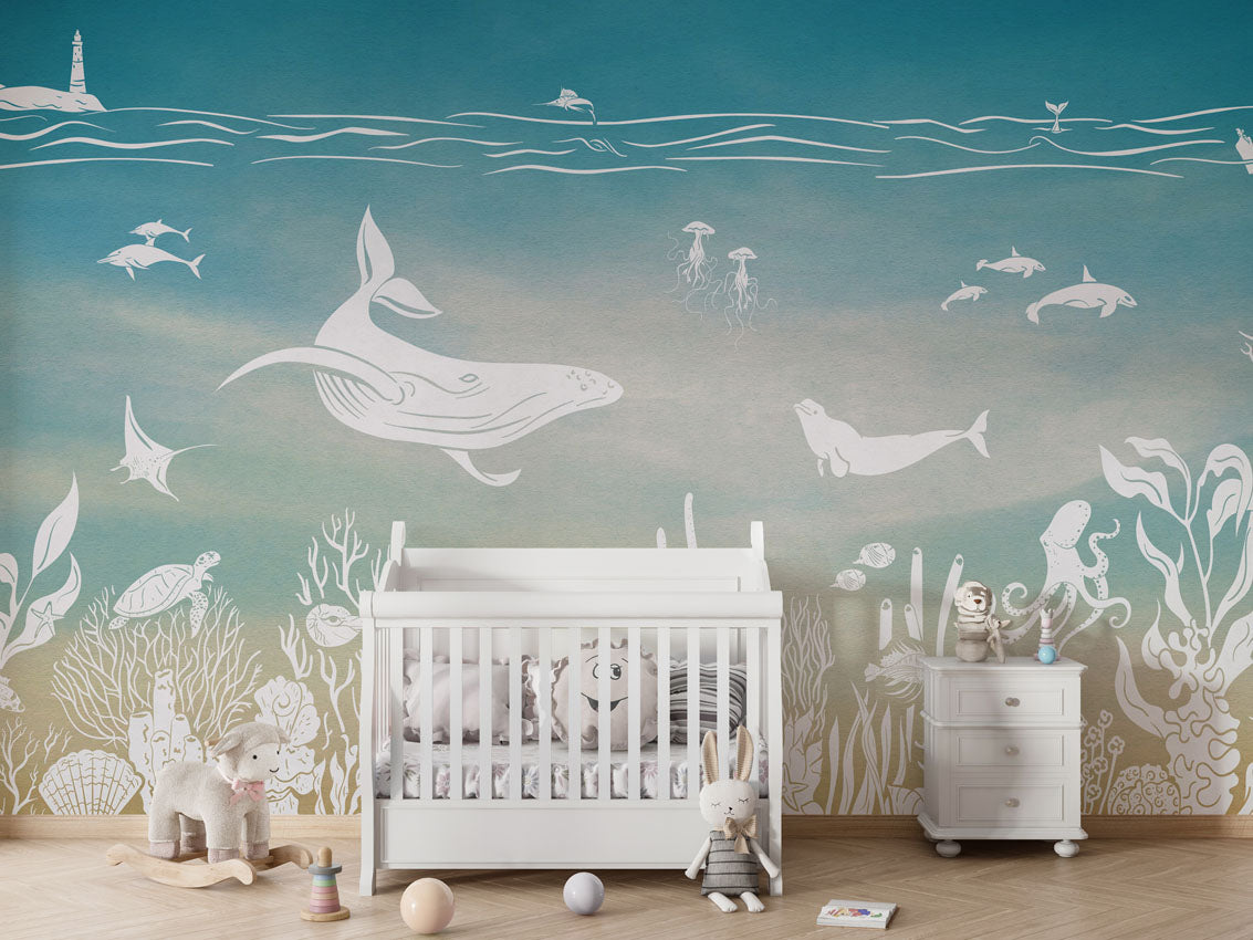 Monochrome Sea - Blue Aqua luxury wallpaper in kids room interior — Artehub Egypt