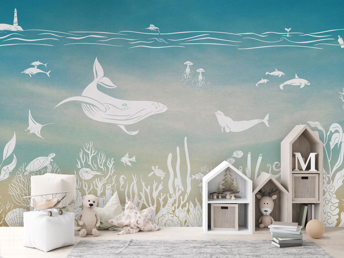 Monochrome Sea - Blue Aqua luxury wallpaper in kids room interior — Artehub Egypt