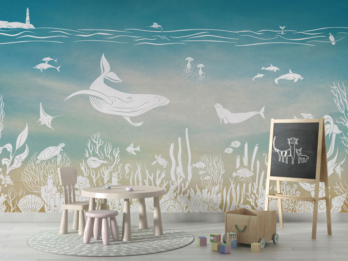 Monochrome Sea - Blue Aqua luxury wallpaper in kids room interior — Artehub Egypt