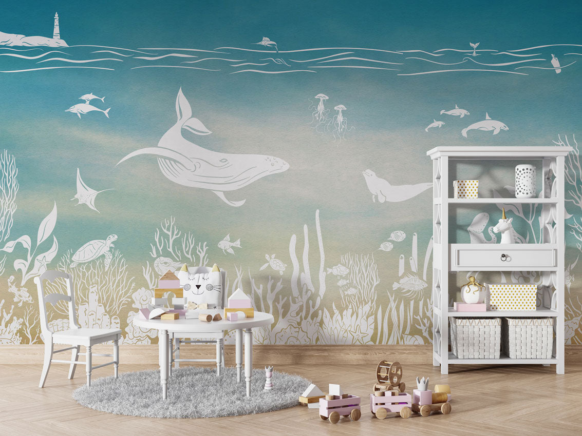 Monochrome Sea - Blue Aqua luxury wallpaper in kids room interior — Artehub Egypt