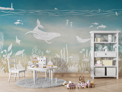 Monochrome Sea - Blue Aqua luxury wallpaper in kids room interior — Artehub Egypt