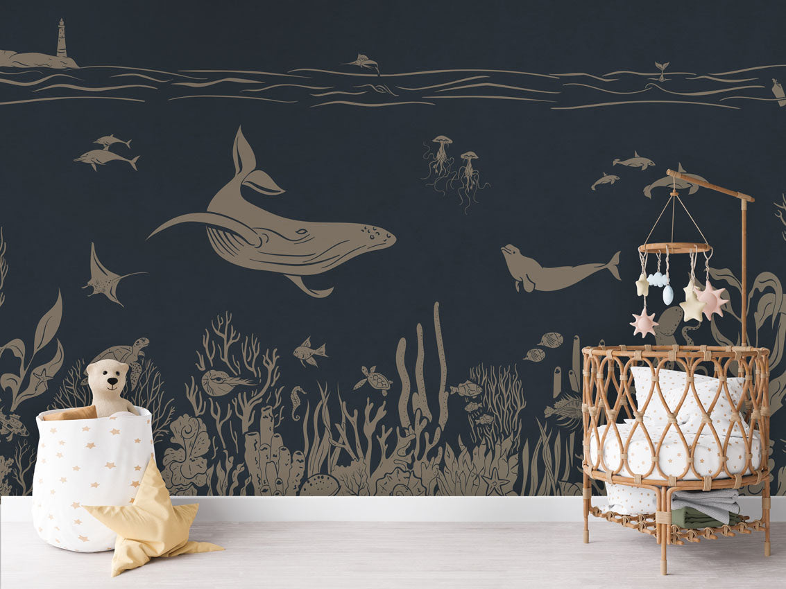Monochrome Sea - Blue Vintage luxury wallpaper in kids room interior — Artehub Egypt