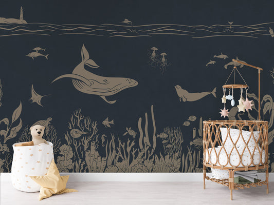 Monochrome Sea - Blue Vintage luxury wallpaper in kids room interior — Artehub Egypt
