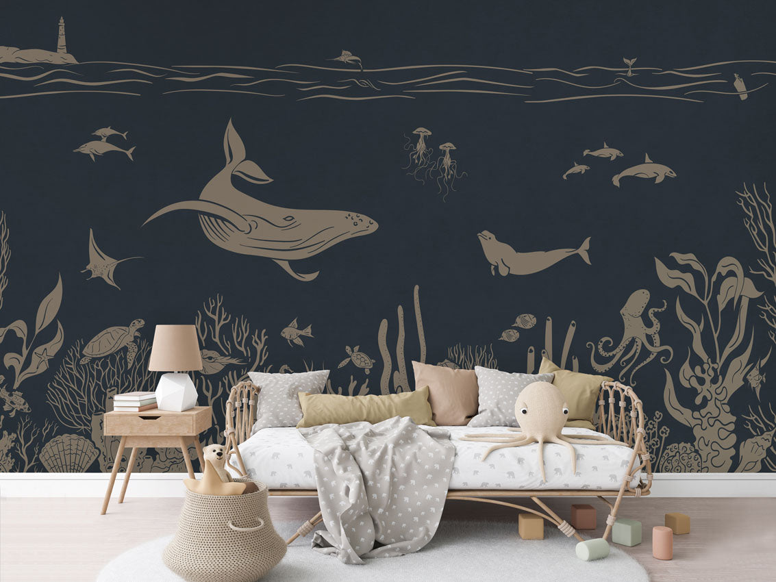 Monochrome Sea - Blue Vintage luxury wallpaper in kids room interior — Artehub Egypt