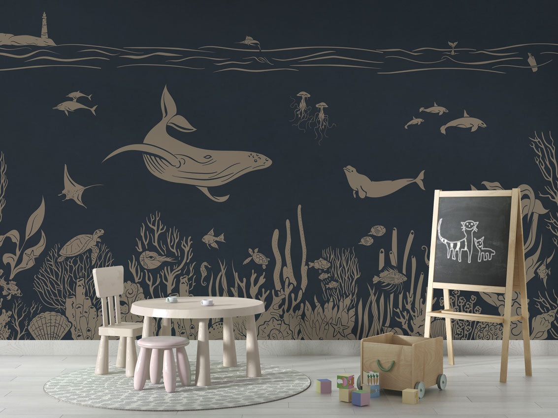 Monochrome Sea - Blue Vintage luxury wallpaper in kids room interior — Artehub Egypt