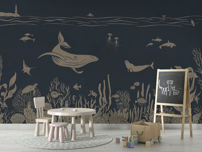 Monochrome Sea - Blue Vintage luxury wallpaper in kids room interior — Artehub Egypt