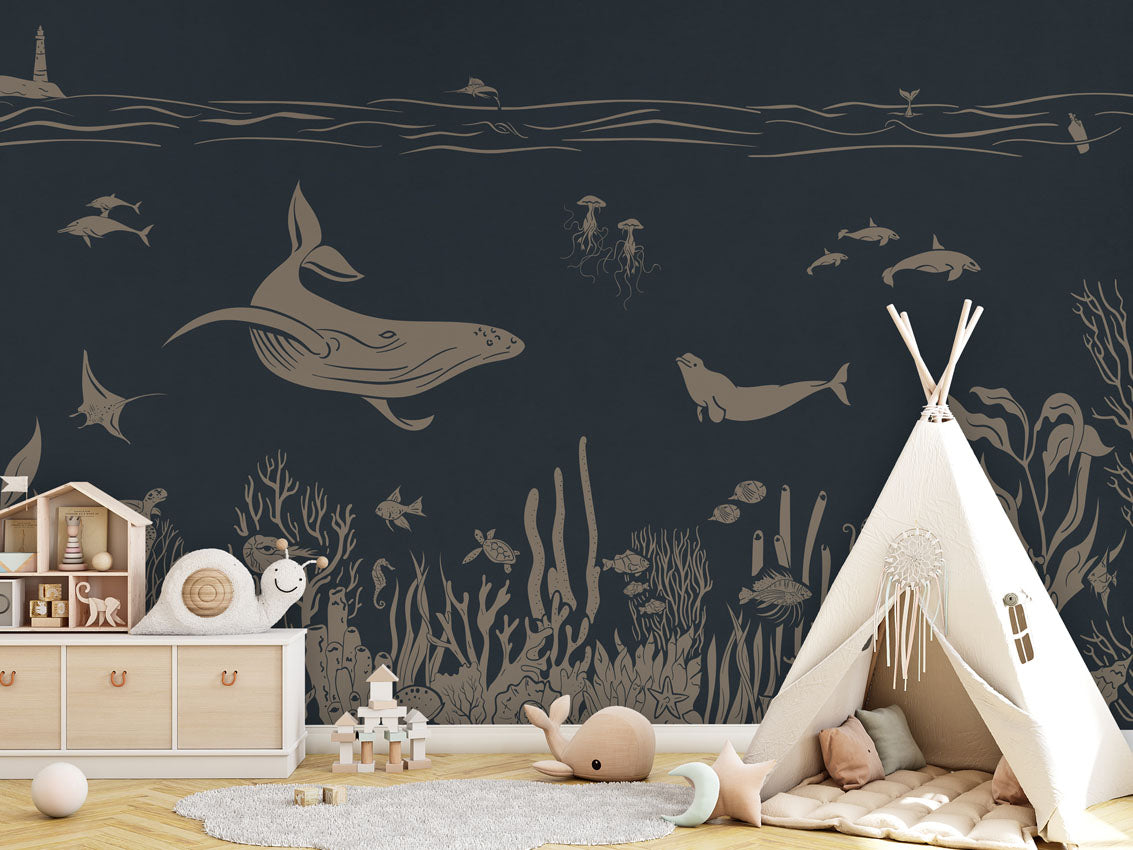 Monochrome Sea - Blue Vintage luxury wallpaper in kids room interior — Artehub Egypt