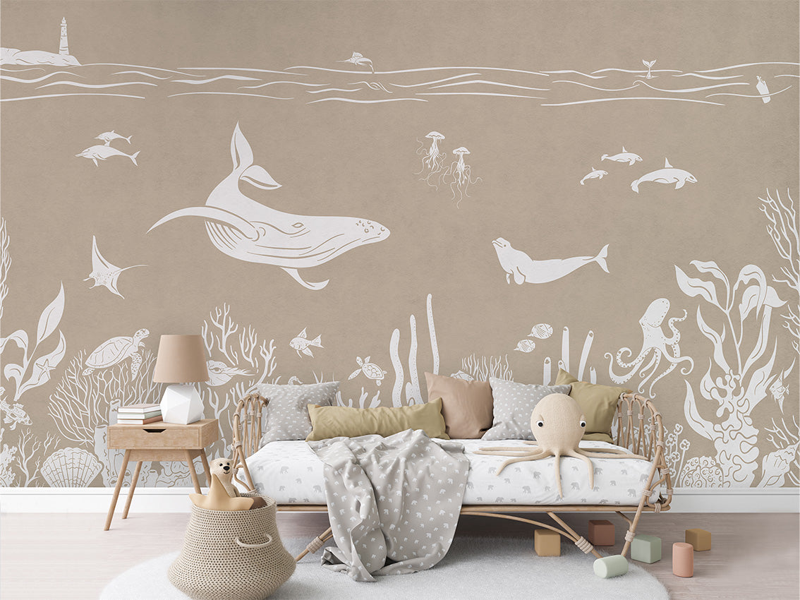 Monochrome Sea - Brown luxury wallpaper in kids room interior — Artehub Egypt