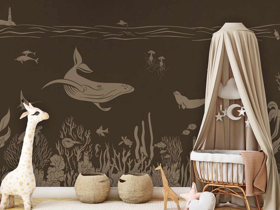 Monochrome Sea - Brown Vintage luxury wallpaper in kids room interior — Artehub Egypt