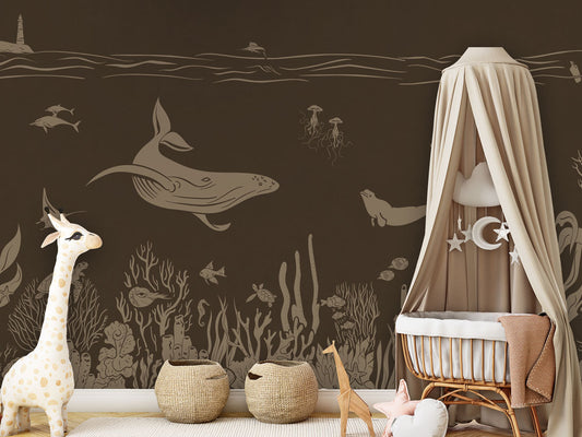 Monochrome Sea - Brown Vintage luxury wallpaper in kids room interior — Artehub Egypt