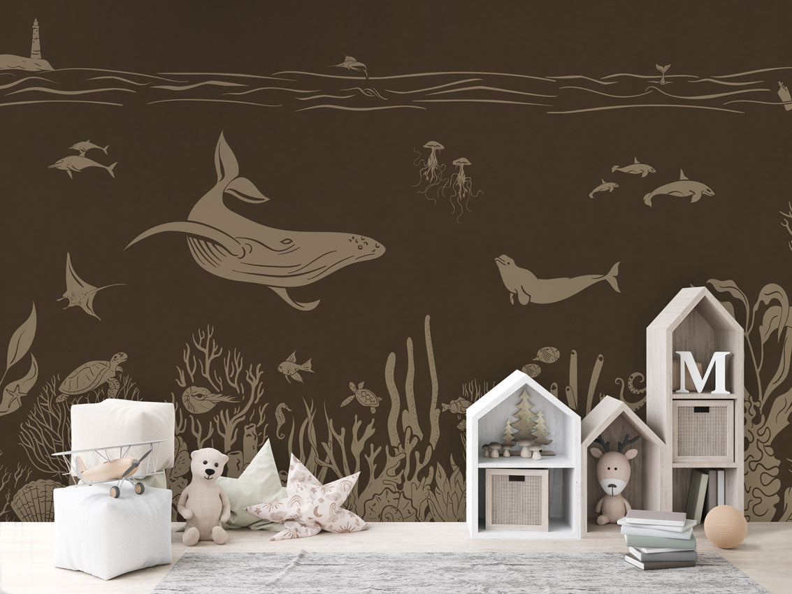 Monochrome Sea - Brown Vintage luxury wallpaper in kids room interior — Artehub Egypt