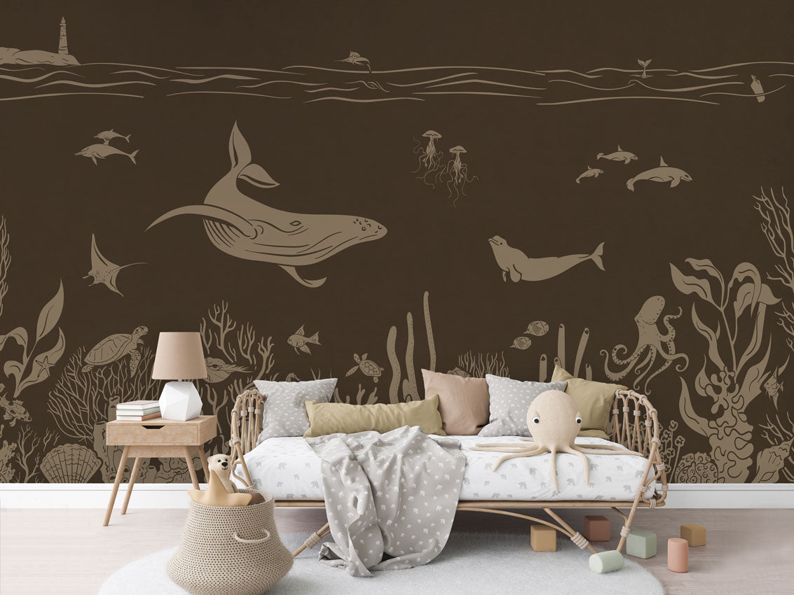 Monochrome Sea - Brown Vintage luxury wallpaper in kids room interior — Artehub Egypt