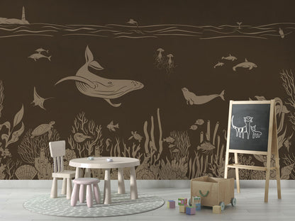 Monochrome Sea - Brown Vintage luxury wallpaper in kids room interior — Artehub Egypt