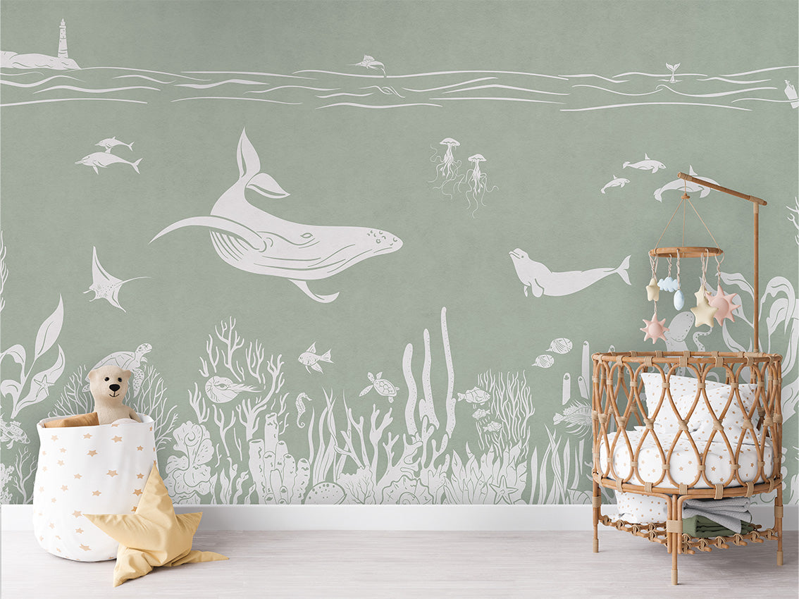 Monochrome Sea - Green luxury wallpaper in kids room interior — Artehub Egypt