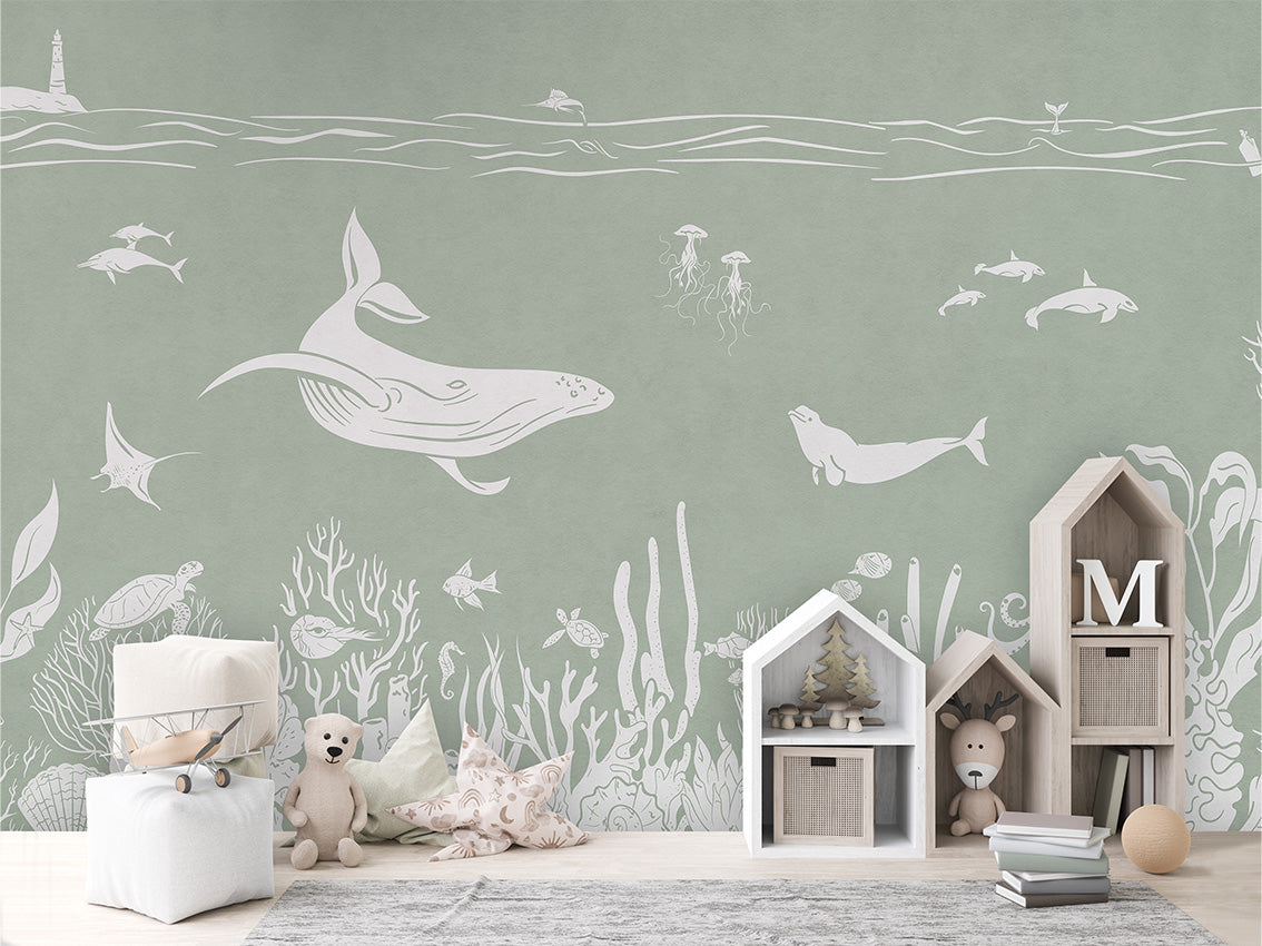 Monochrome Sea - Green luxury wallpaper in kids room interior — Artehub Egypt