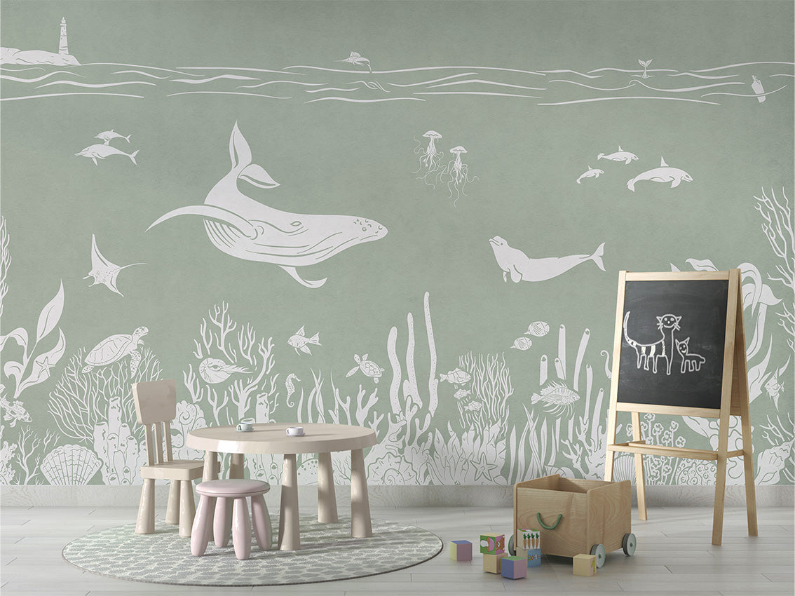 Monochrome Sea - Green luxury wallpaper in kids room interior — Artehub Egypt