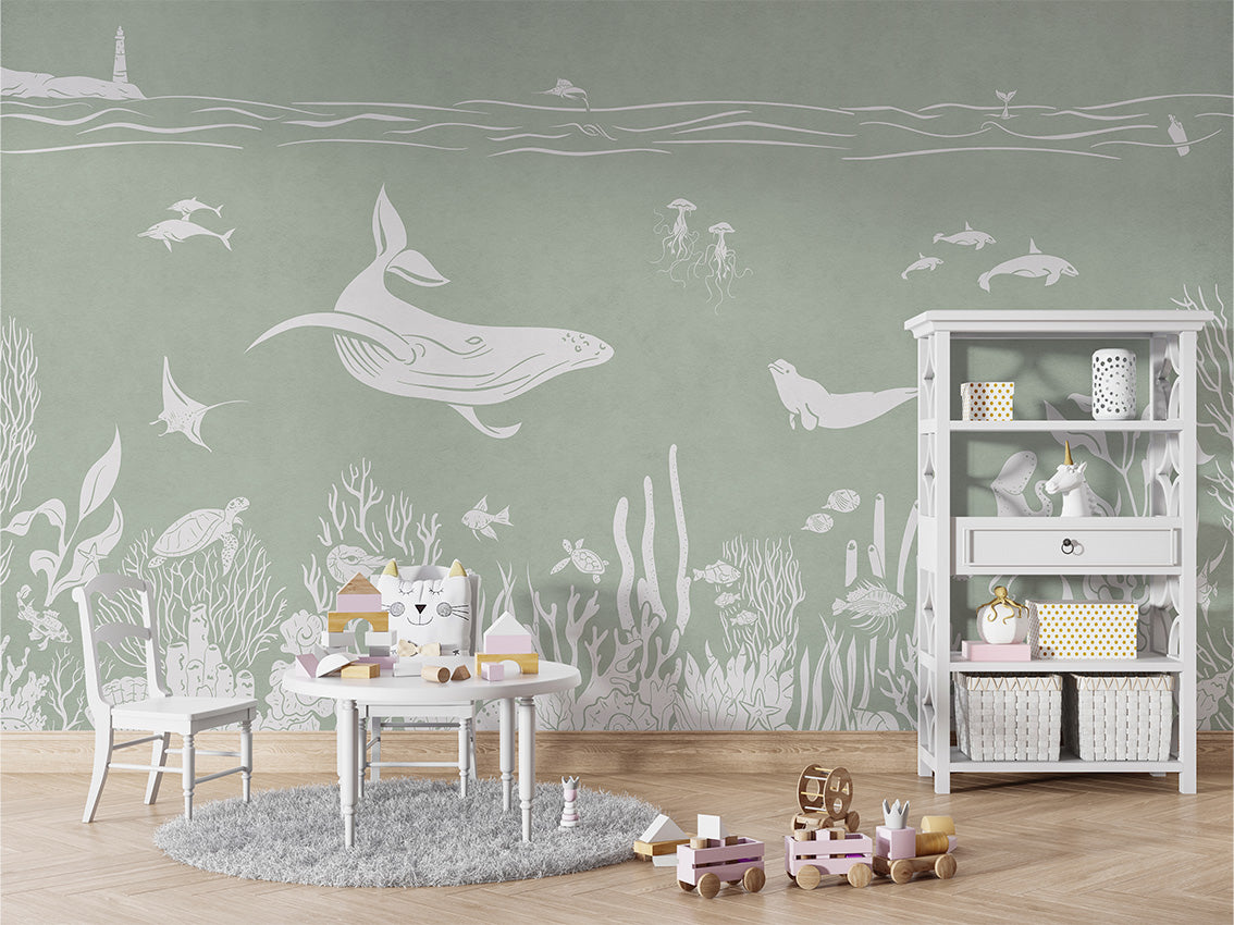 Monochrome Sea - Green luxury wallpaper in kids room interior — Artehub Egypt