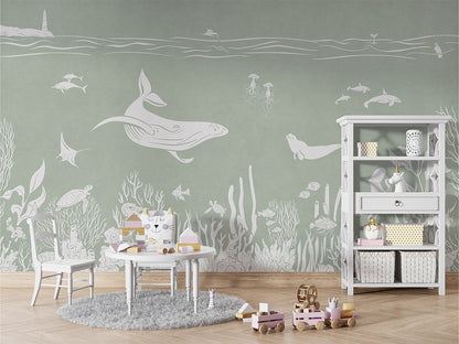Monochrome Sea - Green luxury wallpaper in kids room interior — Artehub Egypt